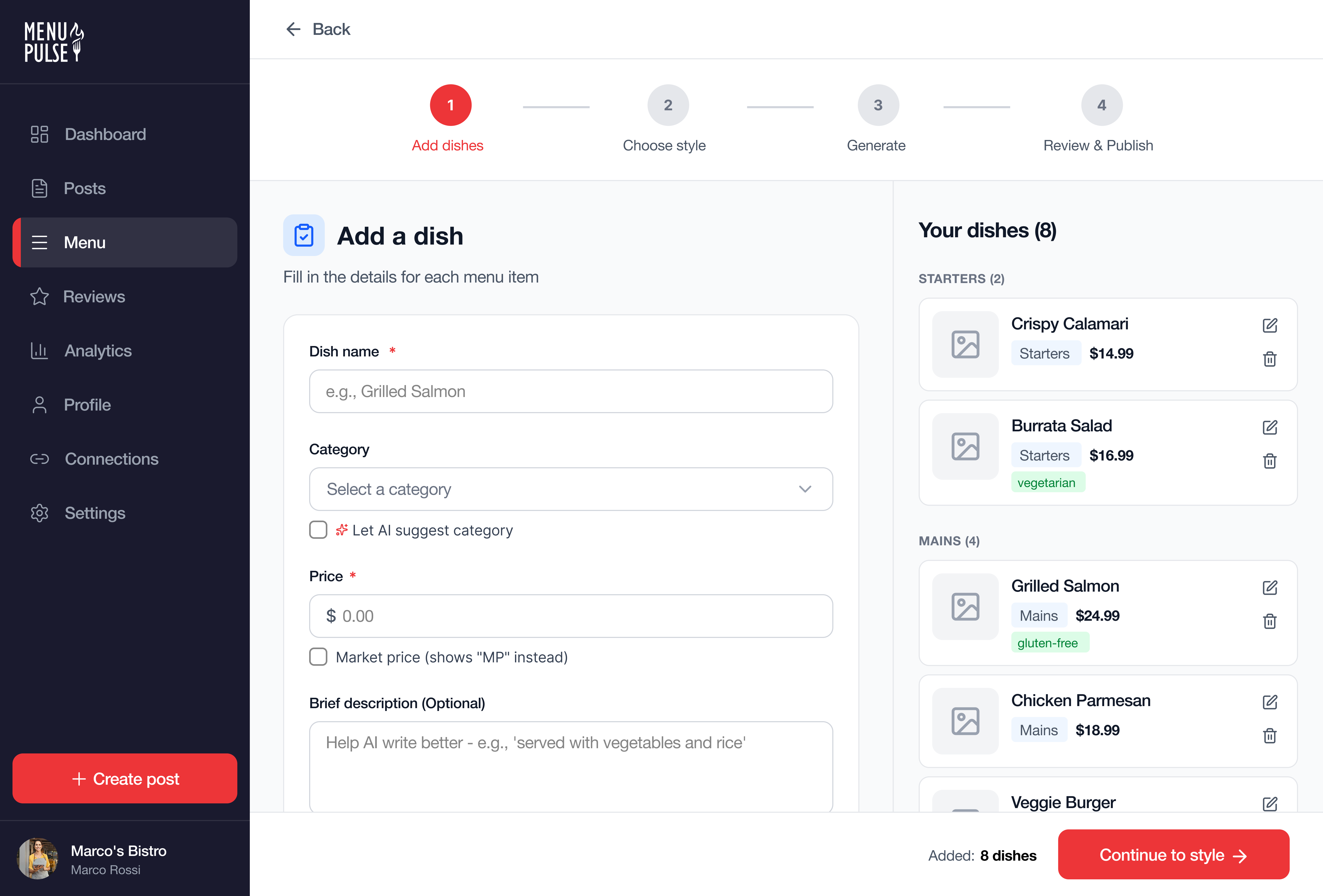 AI Menu Creator: dish input